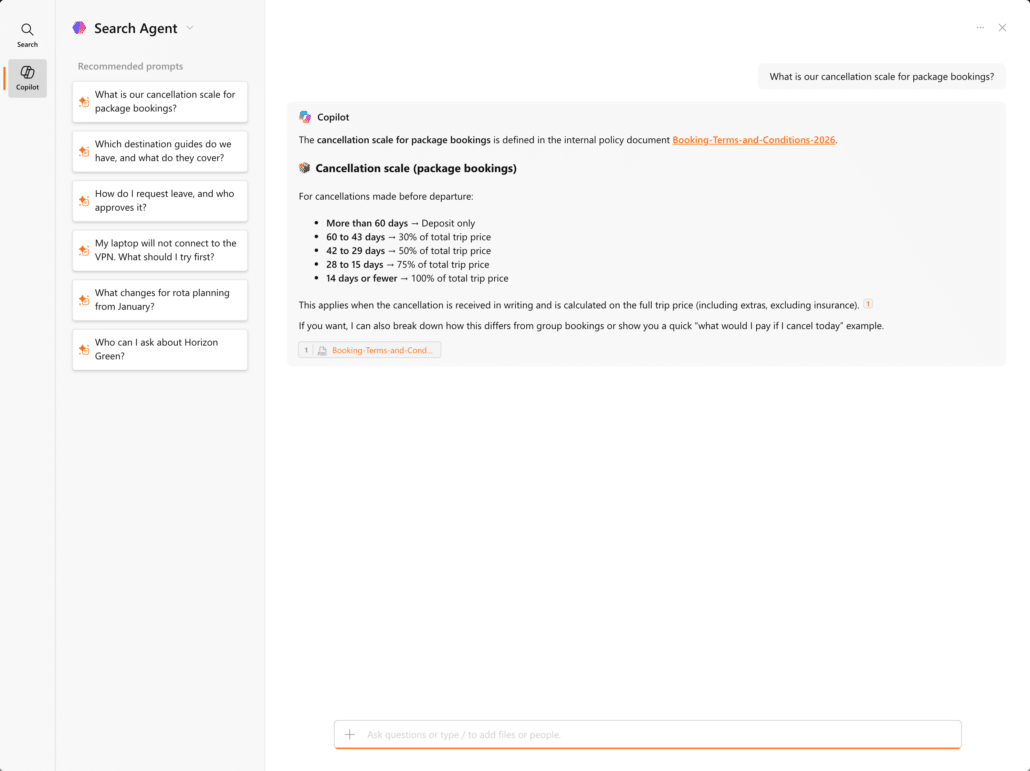 A Copilot answer in the search dialog, with the terms document it was read from linked underneath