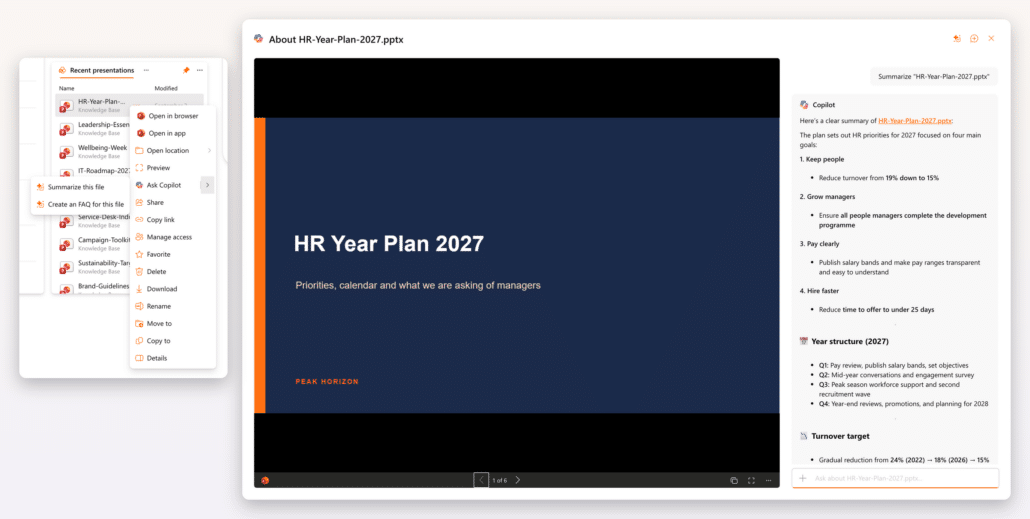 The file menu in the Files widget with Ask Copilot, and the chat it opens beside the presentation