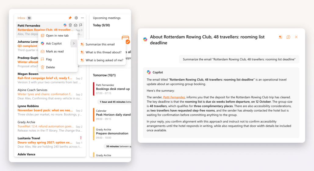 The mail menu in the Inbox widget with Ask Copilot, and Copilot summarizing the email beside it