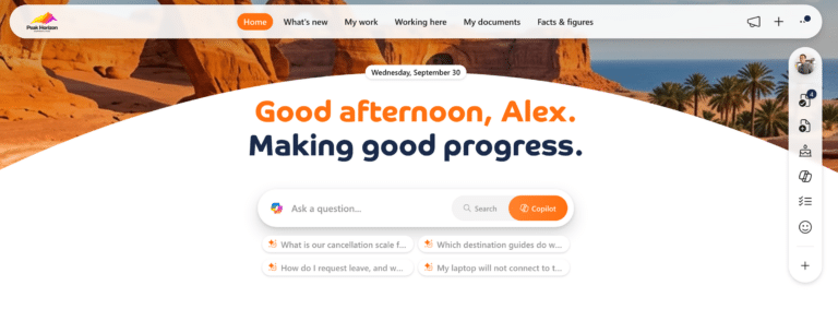 The search box on the Bloom Hub start page switched to Copilot, with suggested questions underneath