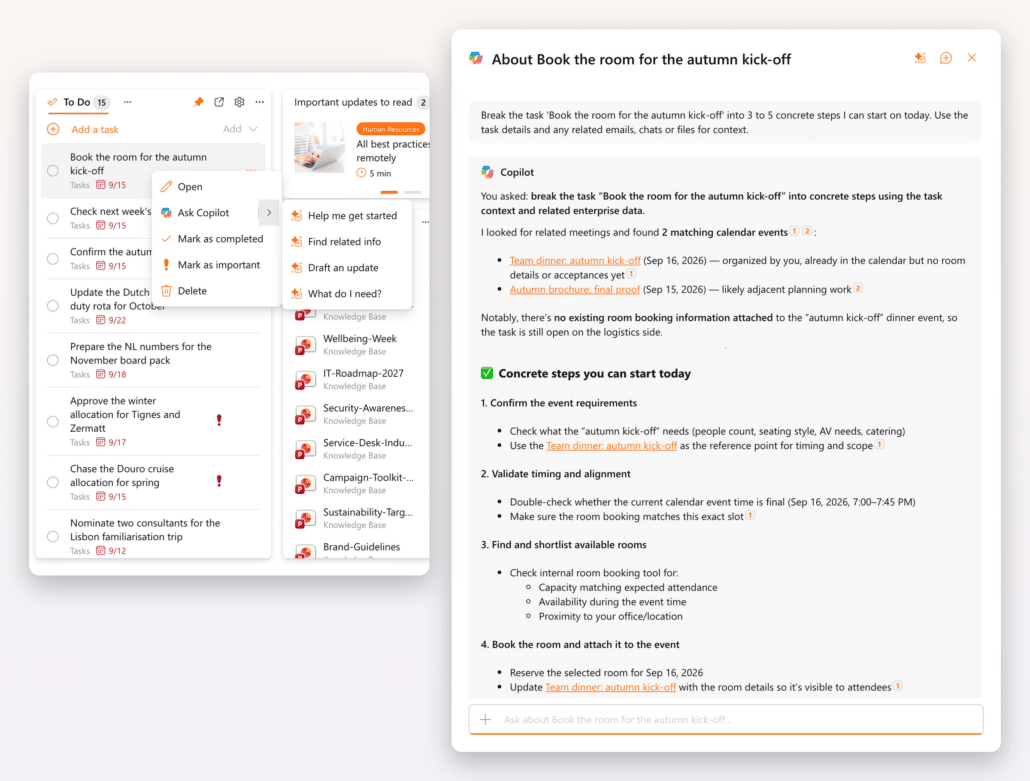 The task menu with Ask Copilot, and Copilot turning the task into steps with the related calendar events
