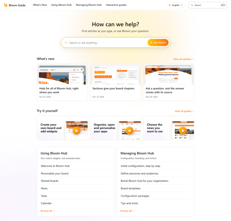 The Bloom Guide start page, with the search box, What's new, interactive guides and the articles for using and managing Bloom Hub