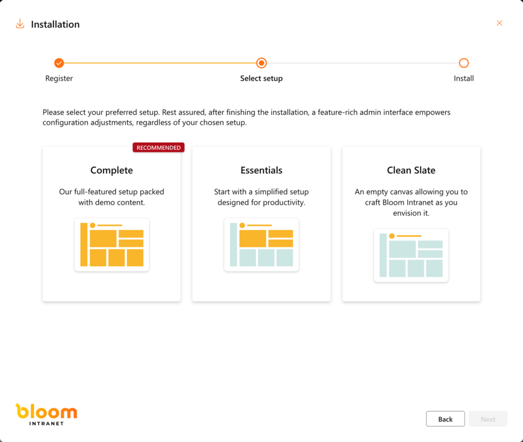 Choosing between Complete, Essentials and Clean Slate