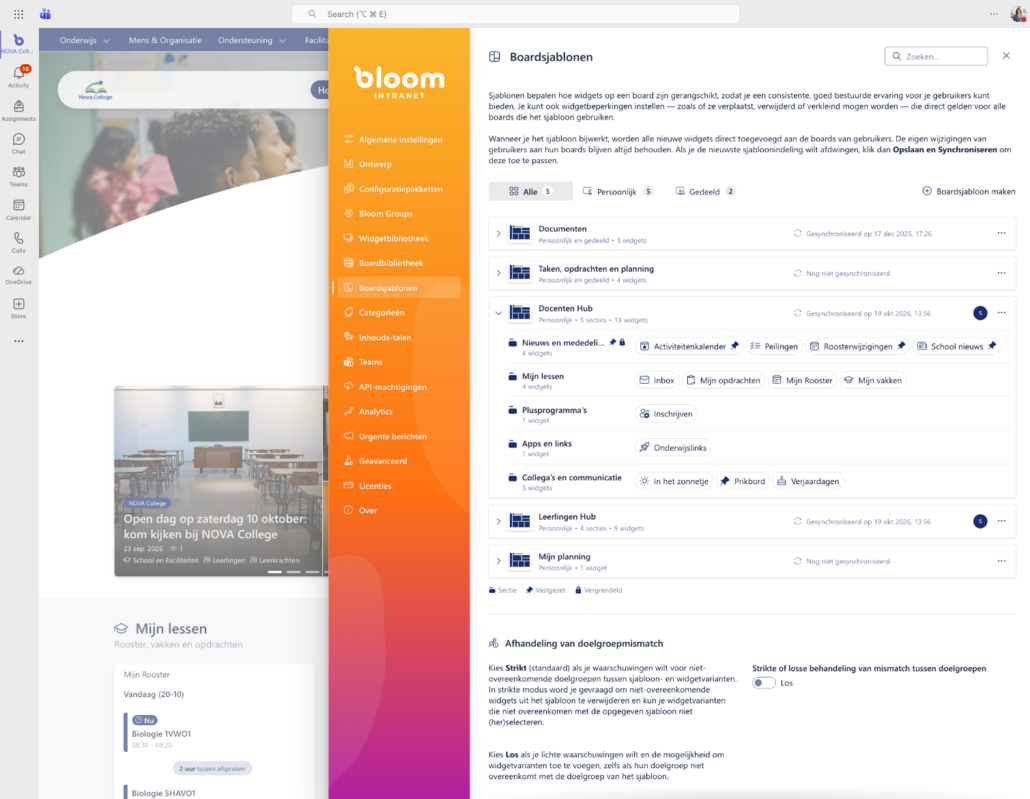 Boardsjablonen in het beheer van Bloom Hub: een Docenten Hub en een Leerlingen Hub met eigen secties