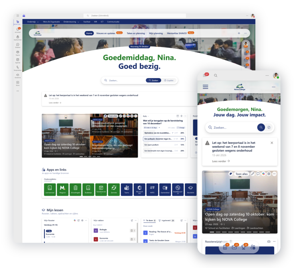 De startpagina van leerling Nina als app in Microsoft Teams en op haar telefoon