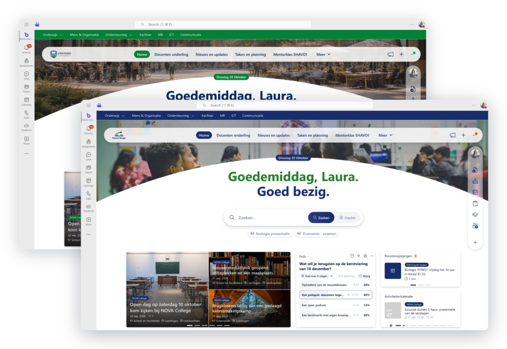 Dezelfde startpagina van docent Laura in de groene huisstijl van Contoso University en in de blauwe huisstijl van NOVA College