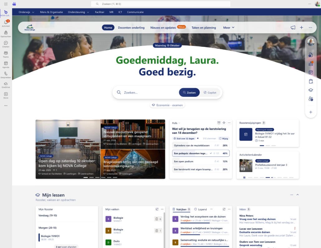 Startpagina van docent Laura in Bloom Hub met nieuws, peiling, roosterwijzigingen en Mijn lessen
