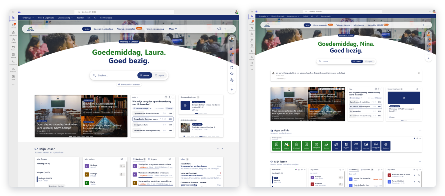 De startpagina van docent Laura en van leerling Nina in Bloom Hub: dezelfde opzet, ieder met eigen inhoud