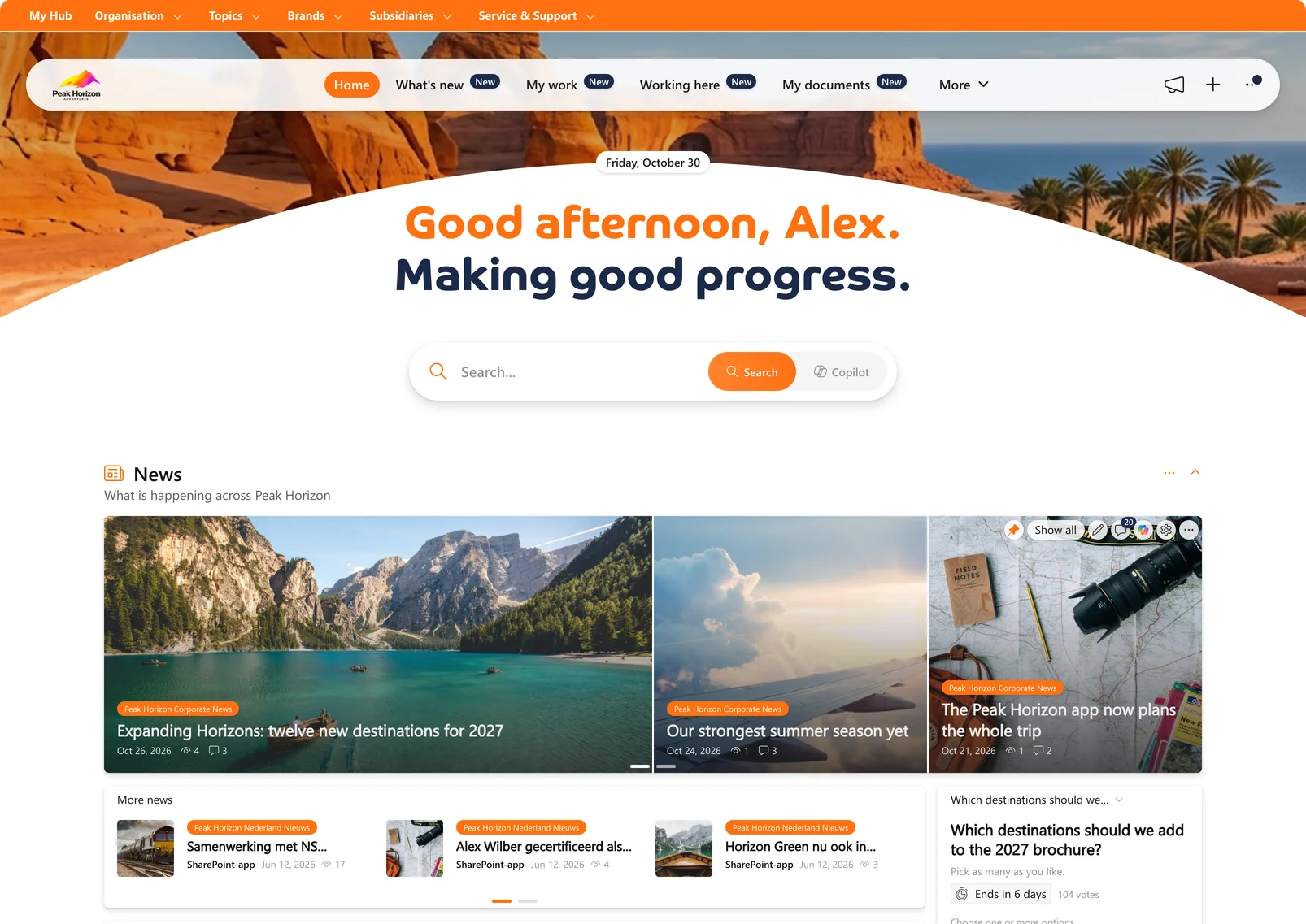 Bloom Hub start page of Peak Horizon with news, apps, tasks and colleagues