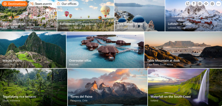 The Photo Gallery widget with the albums Destinations, Team events and Our offices as tabs, and the photos in a mosaic with their title and location