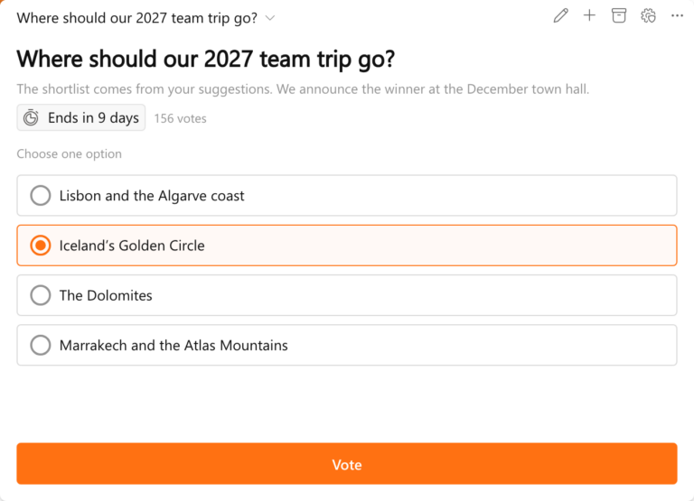 The Polls widget with the question Where should our 2027 team trip go?, four destinations to choose from and Iceland's Golden Circle selected