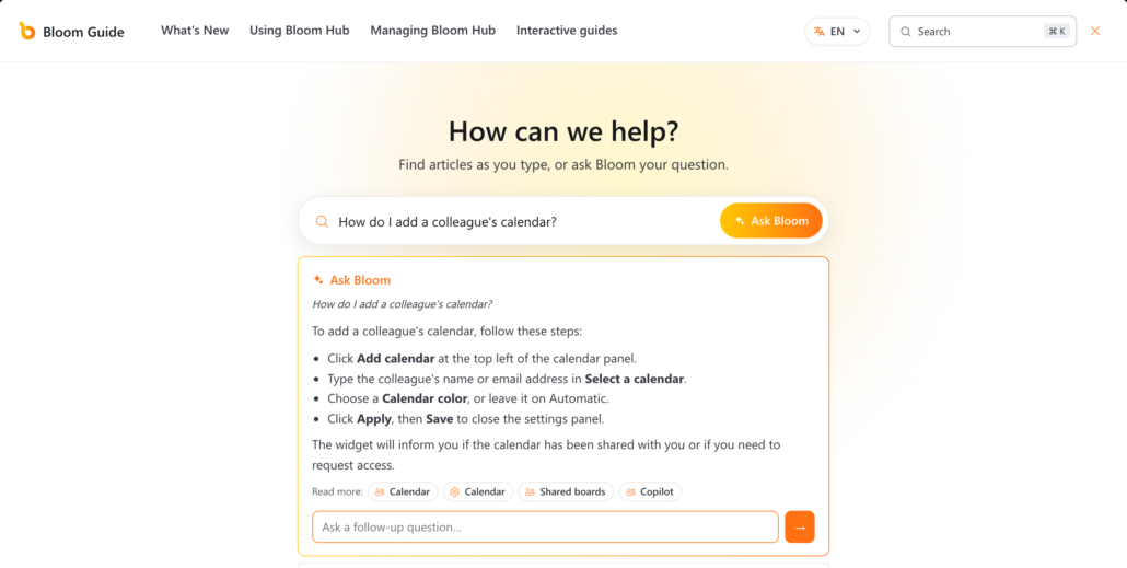 Ask Bloom answering how to add a colleague's calendar, with the Calendar articles to read more underneath