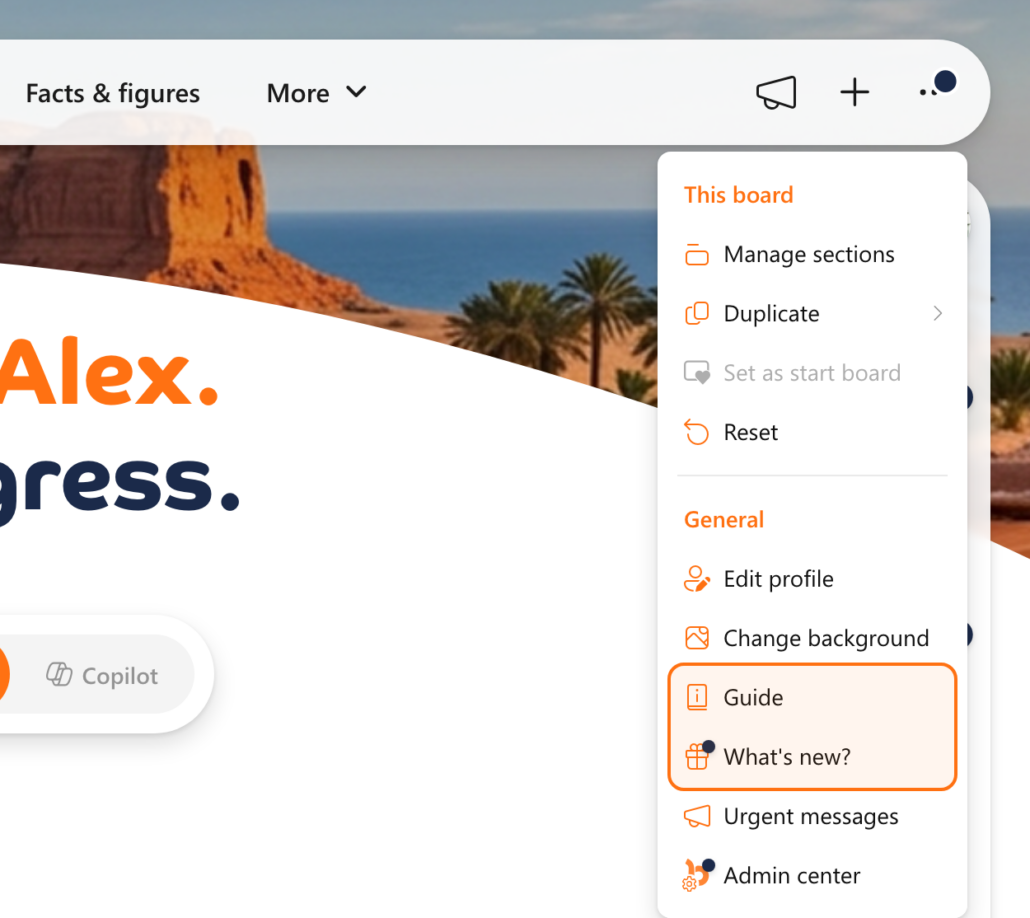 The board menu at the top right of Bloom Hub, with Guide and What's new? under General