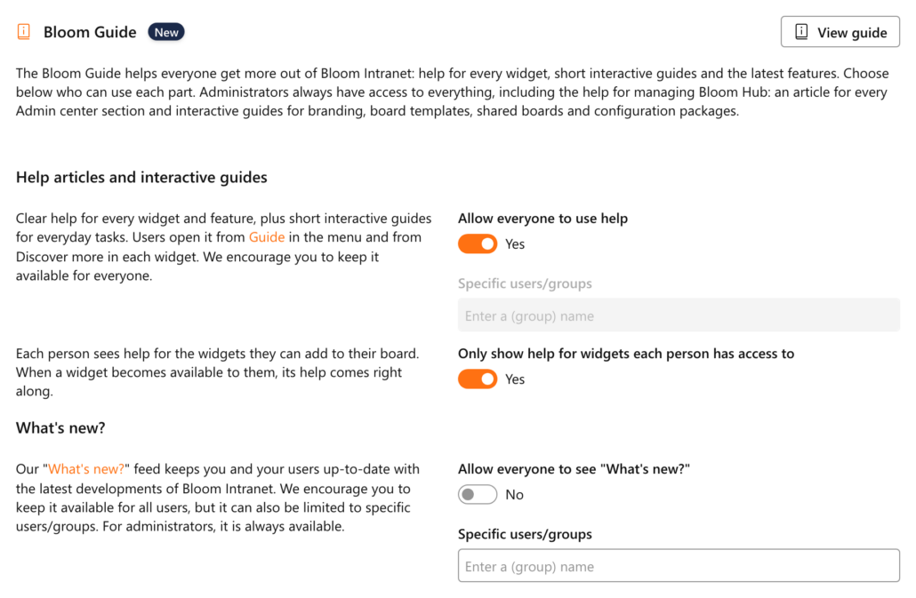 The Bloom Guide section in General settings, with View guide and the switches for help and What's new?