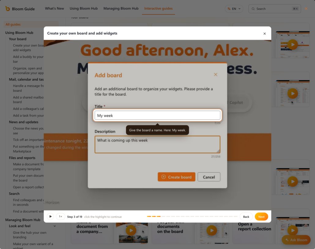 The interactive guide Create your own board and add widgets, at the step where the new board gets its name